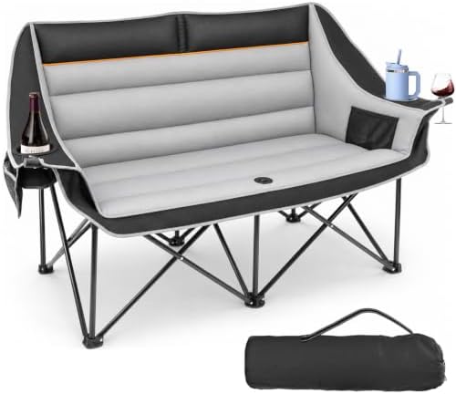 Suteck Double Camping Chair, 660lbs Oversized Camping Couch w/Independent Seats, Folding Camping Loveseat w/2 Cup & Wine Glass Holders, 1200D Oxford, Side Pocket & Carry Bag, for Camping, Lawn, Patio