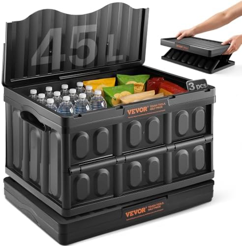 VEVOR 45L Collapsible Storage Bins with Lids 3 Packs, Stackable Utility Crates with Handles, Large Folding Containers for Organizing Tools, Snacks, Books, Food, Drinks, Camping & Transport