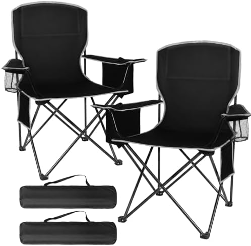 2-Pack Lightweight Heavy Duty Camping Chairs, Up to 400lbs Capacity Folding Chair with Cooler Bag & Cup Holder, Oversized Portable Lawn Chair for Outdoor, Fishing, Tailgating, Beach (Black)