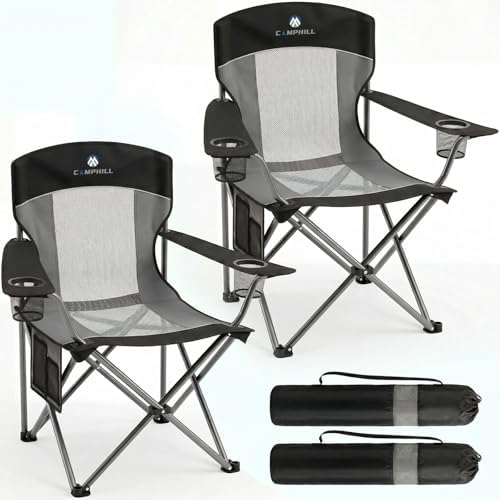 2 Pack Camping Chairs for Adults,Oversized Mesh Back Lawn Chair with Cup Holder, Side Pocket&Bag for Outdoor,Beach,Picnic,Fishing,and Sports,Breathable,Heavy Duty,Black