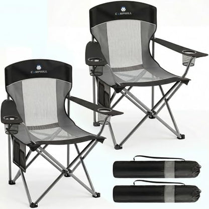 2 Pack Camping Chairs for Adults,Oversized Mesh Back Lawn Chair with Cup Holder, Side Pocket&Bag for Outdoor,Beach,Picnic,Fishing,and Sports,Breathable,Heavy Duty,Black