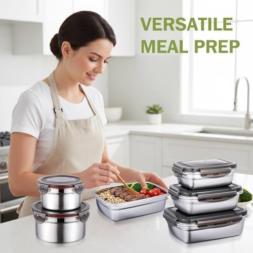 8 Pcs 304 Stainless Steel Food Storage Containers with Lids Leakproof, Reusable Airtight Meal Preparation Container Round and Square Stackable Food Container for Kitchen Picnic(Black Lids)