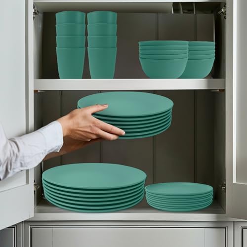 Wrova 40Pack plates and bowls sets for kids - Unbreakable wheat straw dinnerware sets service for 8 - Alternative plastic 40pcs dish sets for kitchen, camping and indoors dinning - (Green)