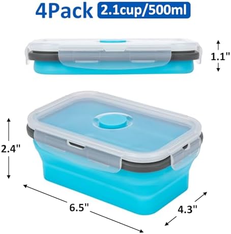 Collapsible Silicone Food Storage Containers Set with Lid & Air Vent,Foldable Lunch Containers(4PCS,Blue,17oz)