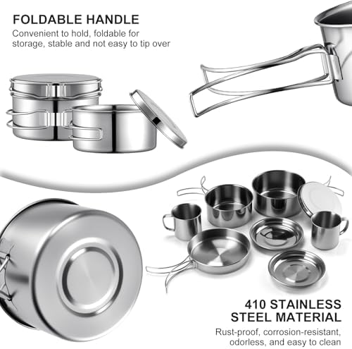 Stainless Steel Camping Cookware Mess Kit - Portable Backpacking Cooking Set with Pot/Plates/Cups & Storage Bag, Outdoor Cookware for Hiking, Picnic, Camping & Backpacking Adventures（8PCS）