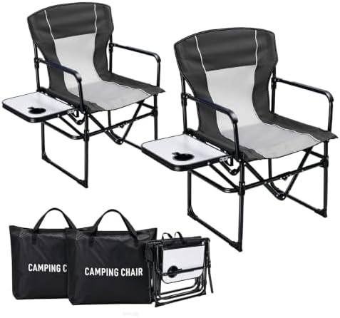 2 Pack Camping Chairs with Side Table & Cup Holder 400 lbs