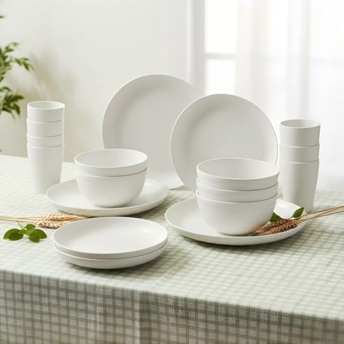 Wheat Straw Dinnerware Set for 4, 16PCS Unbreakable Plates Bowls Cups, Microwave & Dishwasher Safe Plastic Dishes, Lightweight Reusable Dinnerware for Kitchen, Camping, RV & Dorm (White)