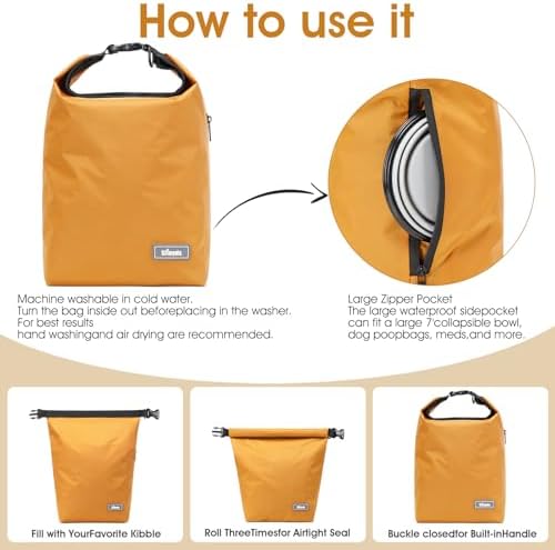 Pet Food Storage Dog Food Travel Container with 2PCS Collapsible Dog Travel Bowls Waterproof Kibble Storage Bag (Yellow, Small)