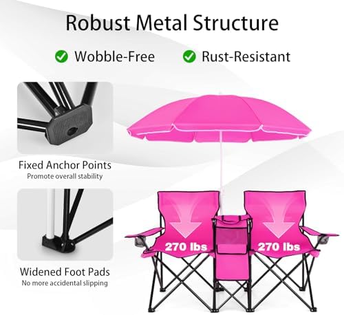 Goplus Double Camping Chairs with Umbrella, Cooler for Beach Patio