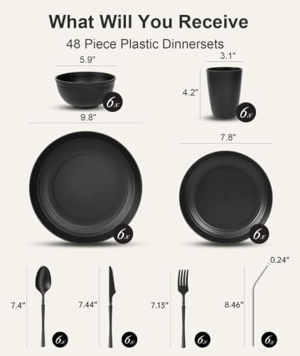 Quatish 48 Piece Plastic Plates and Bowls Sets for 6, Dinnerware Set Black