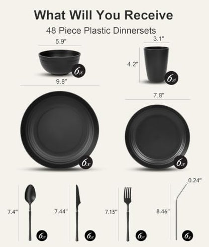 Quatish 48 Piece Plastic Plates and Bowls Sets for 6, Dinnerware Set Black