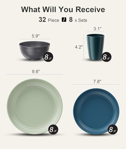 Quatish 32 Pcs Plates and Bowls Sets, Plastic Dinnerware Sets for 8, Green