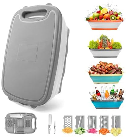 Gintan Camping Cutting Board, 9-in-1 Collapsible Chopping Board with Colander, Outdoor-Kitchen Vegetable Washing Basket for Campers, Camping Gifts Camping Accessories for RV Campers (Gray)