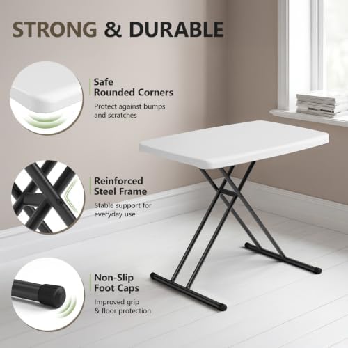 Folding Table 30 Inch -6pack, Small Desk Adjustable Height TV Tray for Laptop, Couch, Camping - Heavy Duty Utility Foldable Table for Small Spaces, No Assembly Required, White
