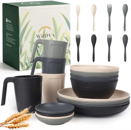 Wrova 24PCS Wheat Straw Dinnerware Sets for 4, Modern Plates and Bowls Sets