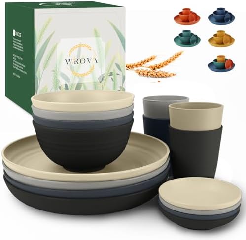 Wrova Wheat straw plates and bowls sets of 16 - Unbreakable wheat straw dinnerware sets for camping - Dishwasher safe and Freezer safe Dishes. Black & Grey