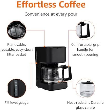 Amazon Basics 5 Cup Drip Coffee Maker with Glass Coffee Pot (0.8 Qt), Auto Shut-off, Auto Pause, Removable Filter Basket, Matte Black