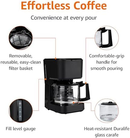 Amazon Basics 5 Cup Drip Coffee Maker with Glass Coffee Pot (0.8 Qt), Auto Shut-off, Auto Pause, Removable Filter Basket, Matte Black