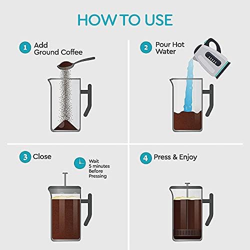 French Press Coffee Maker 34oz - 304 Stainless Steel Coffee Press, Double Wall Insulated Thermal French Press with 4-Level Filtration, 2 Extra Filters, Rust Resistant, Dishwasher Safe, 1 Liter Silver