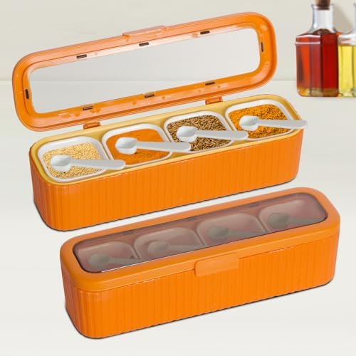 Clear Seasoning Box, 4 Packs Seasoning Rack Spice Pots, Condiment Jars Seasoning Box with Clear Covers and Spoons for Spice, Sugar, Salt, Pepper, Garlic Powder (Orange)