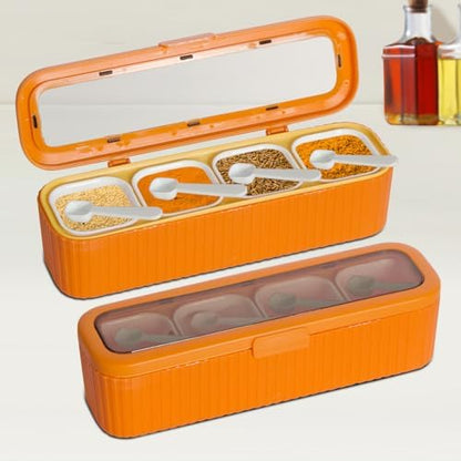 Clear Seasoning Box, 4 Packs Seasoning Rack Spice Pots, Condiment Jars Seasoning Box with Clear Covers and Spoons for Spice, Sugar, Salt, Pepper, Garlic Powder (Orange)