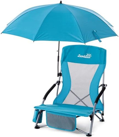 Lamberia Folding Beach Chair with Umbrella for Adults, Portable Low Beach Chairs with 300lbs Capacity, Lightweight Fodable Camping Chair for Travel, Picnic, Concert & Outdoor Activities, Blue