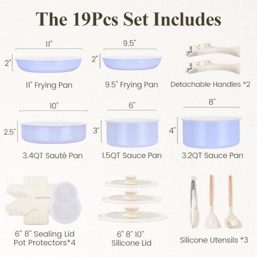 Chef Power Ceramic Nonstick Pots and Pans Set 19 Piece with Detachable Handle, Induction Dishwasher Oven Safe Cookware Set, RV Kitchen Set Removable Handle (Light Purple)