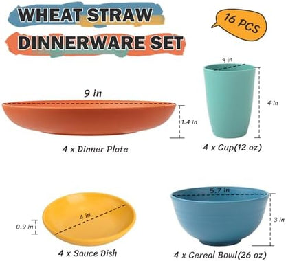 Wheat Straw Dinnerware Sets, Unbreakable Plates and Bowls Sets of 16, Kids Dinnerware Set Sevice for 4, Dishwasher & Microwave Safe Dish Set for Kitchen, Outdoor, Camping - Multi