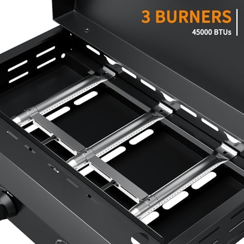 25.6'' Gas Griddle Flat Top Grill with Lid, 3-Burner Tabletop Portable Propane Griddle for Outdoor Cooking, BBQ, Camping & Tailgating Barbecue, 45,000BTU Output
