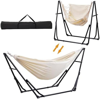 Ainfox Hammock with Foldable Stand, 2 in 1 Hammock and Swinging Chair with Carrying Bag, Portable Camping Chair Suitable for Outside, Swing,Patio,Garden,Camping Trip Beige