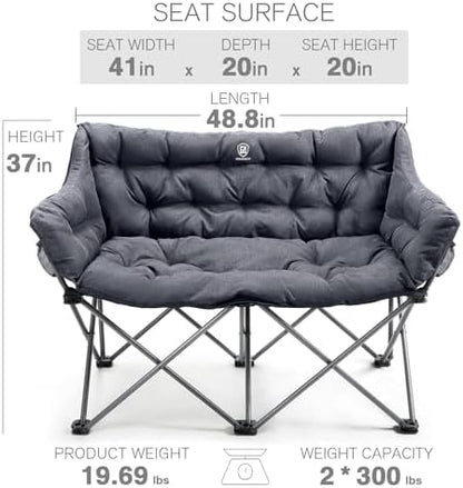 EVER ADVANCED Double Camping Chair for Adults, Padded Folding Camping Love Seat Bench with Side Pocket Portable Camping Couch, Two Person Heavy Duty Folding Outdoor Chair with Cushion,Support 600lbs