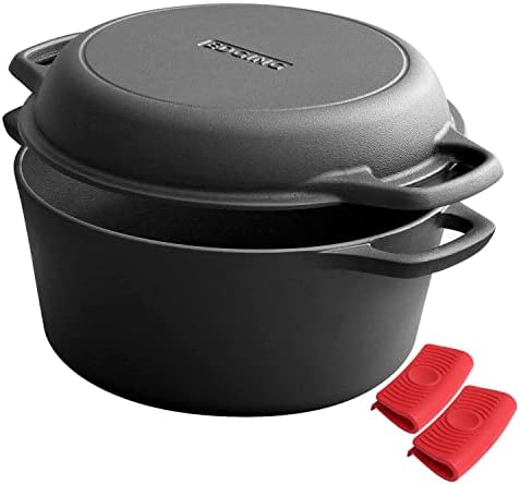EDGING CASTING 2-in-1 Pre-Seasoned Cast Iron Dutch Oven Pot with Skillet Lid Cooking Pan, Cast Iron Skillet Cookware Pan Set with Dual Handles, Indoor Outdoor for Bread/Frying/Baking/Camping/BBQ, 5 Qt