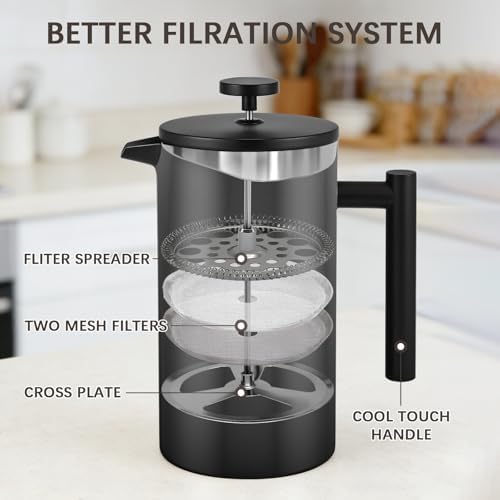 French Press Coffee Maker, 304 Grade Stainless Steel French Press with 2 Extra Filters for Home, Office, Travel, Camping - 34OZ/2 Litre (Black)