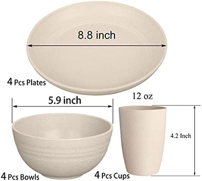 Wheat Straw Dinnerware Sets for 4 (Reusable Plates, Bowls & Cups) - Lightweight Unbreakable Dinner Camping Dishes - Dishwasher & Microwave Safe, Eco Friendly(12Pcs/Beige)