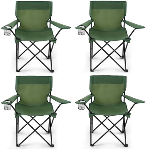 4 Pack Folding Camping Chairs for Adults, Foldable Portable Beach Chairs with Carry Bag & Cup Holder, Compact Design for Camping, Beach, Picnics, and Fishing Supports 300LBS（Green）