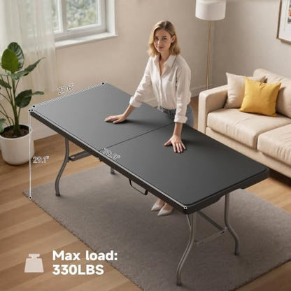 6 Foot Folding Table Black, Sturdy 330LBS Capacity, Reinforced Steel Legs, Foldable with Safety Lock, Portable for Parties, Picnics, Camping, 2 Pack