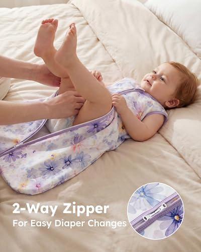 Baby Sleep Sack 6-12 Months 0.5 TOG, 100% Cotton Baby Wearable Blanket 2 Pack with 2-Way Zipper, Lightweight Sleep Bag for Boys ＆ Girls Newborn Infant Breathable Sleeing Sack Purple Flower