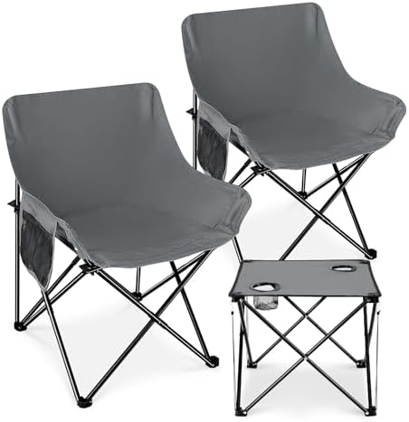 Leonyo Camping Chairs for Adults, 2 Pack Folding Lawn Chair & Table, Grey