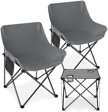 Leonyo Camping Chairs for Adults, 2 Pack Folding Lawn Chair & Table, Grey
