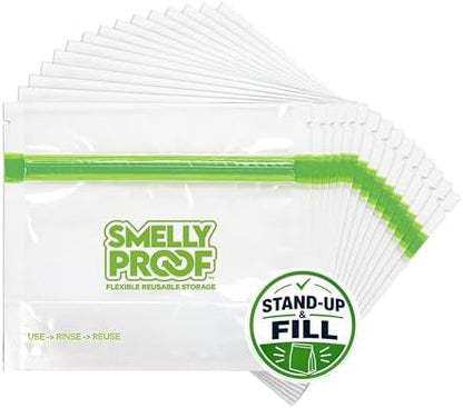 Smelly Proof 15 x Reusable Food Storage Bags, Reusable Freezer Bags, Reusable Snack Bags, Stand-Up Expandable “Stand & Fill”, Clear 3-Mil 6” x 4”, US Made, BPA FREE, NO PEVA, 15-pk