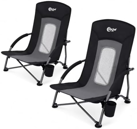 Portal Beach Chairs for Adults Camping Low Lightweight Portable Chair with Cup Holder Mesh Back Carry Bag for Outdoor Sand Lawn Travel Picnic Festival Concert