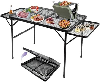 BRIAN & DANY 3x2 FT Camping Table with 2 Wing Panels, Folding Grill Table, Metal Portable Picnic Table, Lightweight Height Adjustable Foldable Table for Outdoor, Black