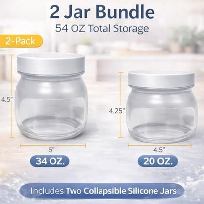 2 Pack Collapsible Silicone Jars, Compact Airtight Food Storage Containers with Lids, Ideal for Kitchen, Camping, and Travel, Clear, 412016-000
