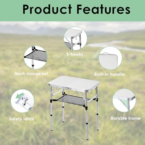 Small Folding Camping Table, 2ft Portable Table Adjustable Height