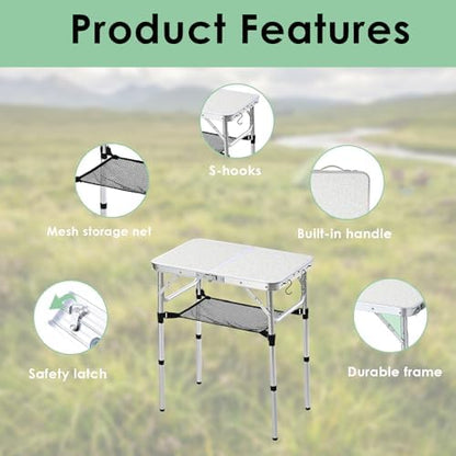Small Folding Camping Table, 2ft Portable Table Adjustable Height