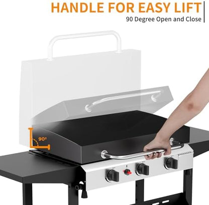 3 Burner BBQ Gas Griddle with Hood, 25.6 Inch Flat Top Grill, Silver