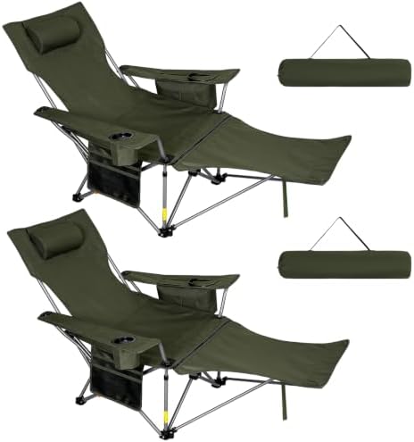 Romswi 2Pack 4-Position Reclining Camping Chair with Removable Footrest, 2-in-1 Adjustable Portable Lounge Chair with Cooler Bag, Cup Holder, Side Pockets & Carry Bag for Outdoor, Olive Green