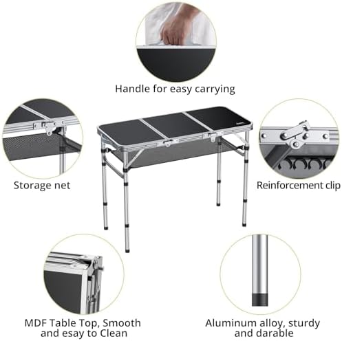 Anbte 3ft Folding Camping Table, 3 Adjustable Height Max 27.5", Black