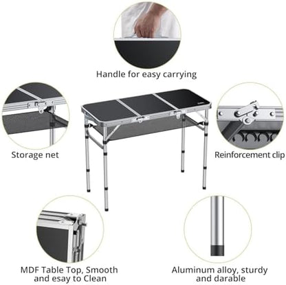 Anbte 3ft Folding Camping Table, 3 Adjustable Height Max 27.5", Black