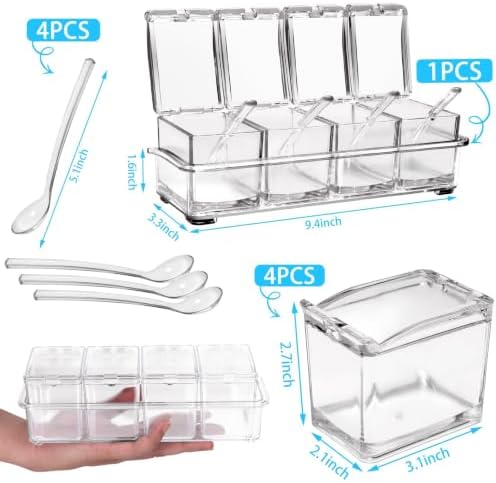 4-Cell Clear Seasoning Rack Spice Box, Storage Container Condiment Jars Acrylic Seasoning Box with Cover and Spoon (Enhanced Version Clear)